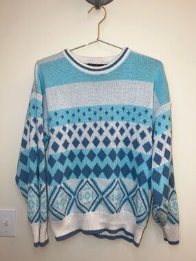 Vintage Rainbow Ridge Sweater Blue Geometric Knit 20W Plus Size Cozy